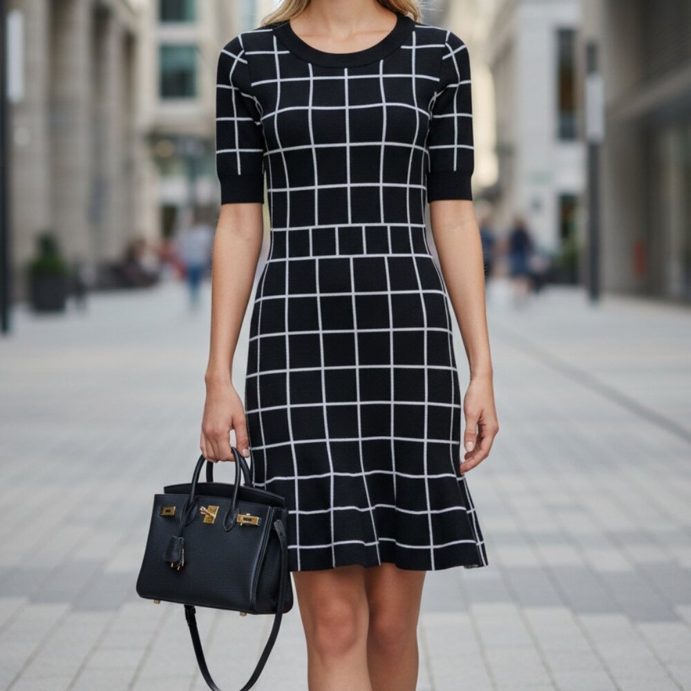 MILLY Black & White Windowpane Knit A-Line Dress – Open Back – Size M